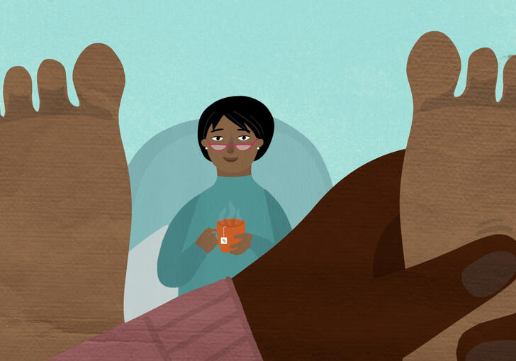 An animation in POV style of someone rubbing a woman's feet as she sits with her feet up, holding a cup of tea. 