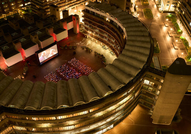 Aerial photo of the Barbican Outdoor Cinema in the Sculpture Court