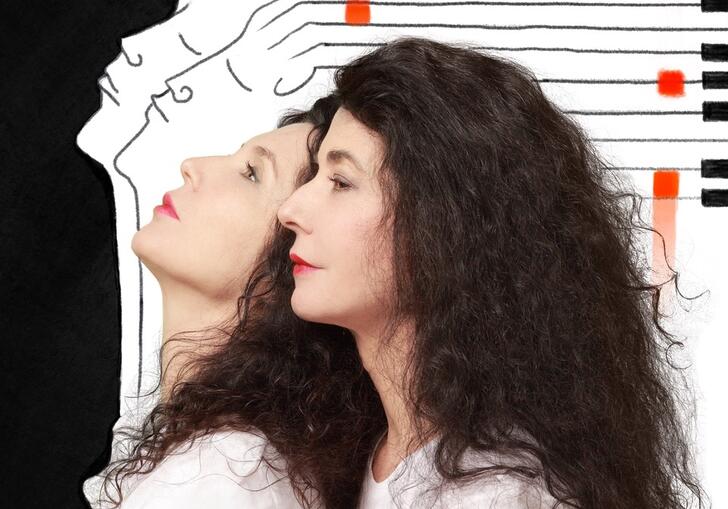 Side profile photo of Katia and Marielle Labèque standing close together. Behind them is an illustration of the side profile of two women, mirroring the position of Katia and Marielle. The hair of the illustrated women flows backwards, turning into the keys of a piano.