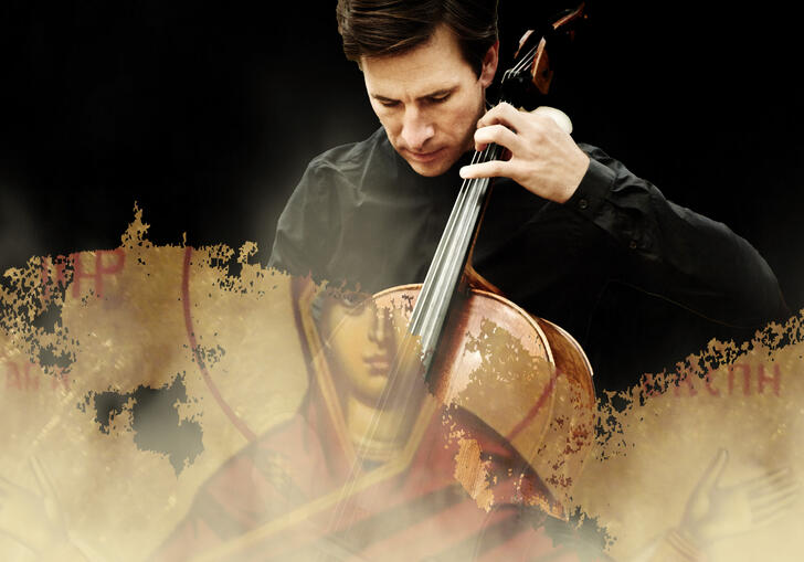 The top half of the image shows Guy Johnston playing his cello against a black background. Superimposed over the bottom half of the image is an icon of Mary, Mother of God