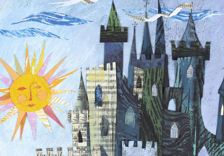 Illustration from James Mayhew's book Once Upon A Tune: Stories From The Orchestra, depicting a fairy tale castle, and in the sky is a sun with a smiling face.