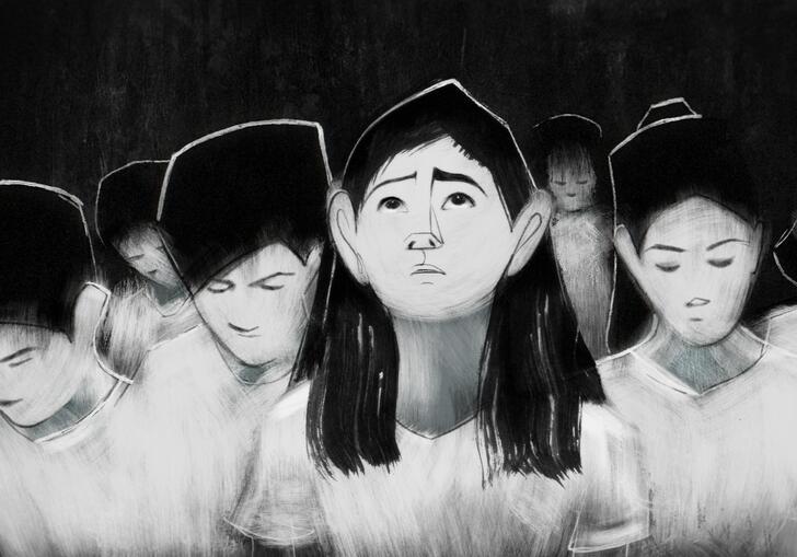 An animated image of children standing in a group looking very sad. 