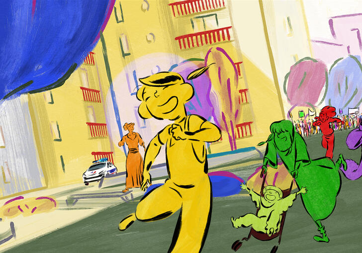 A group of colourful people dance happily down a street, in a pencil sketch animation. 
