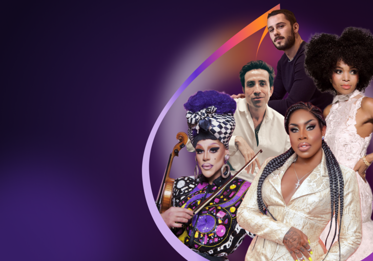 Composite image of Oliver Zeffman, Nick Grimshaw, Pumeza Matshikiza, Thorgy Thor and Vinegar Strokes against a purple background