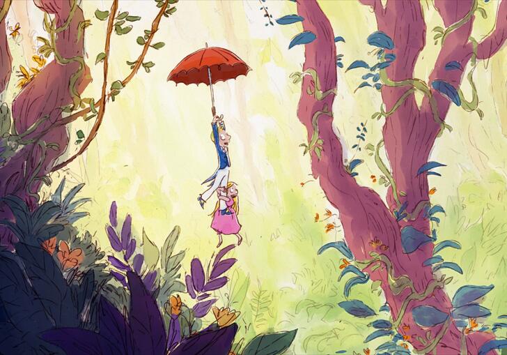 An illustration by Quentin Blake, depicting characters Jack and Nancy floating through a forest scene, using a red umbrella as a parachute.