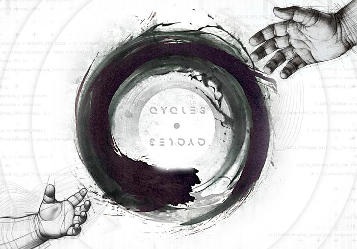 Two hands reach towards each other towards a swirling black circle with the word 'cycles' in the middle