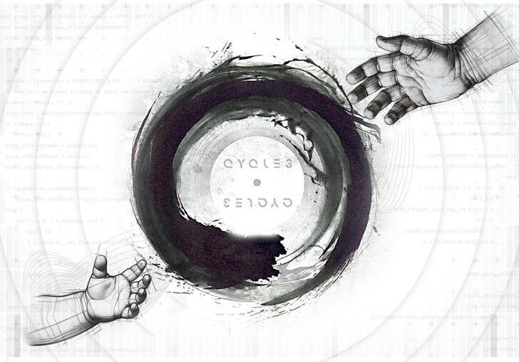 Two hands, one young and one older, reach towards each other. A black circle moves in the centre with the word 'Cycles' inside.
