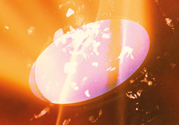 A pale purple, oval shape, reflective of a mirror or window, sits in the centre of the image, surrounded by a dark orange colour with candle smoke and lens flares creating textural elements.