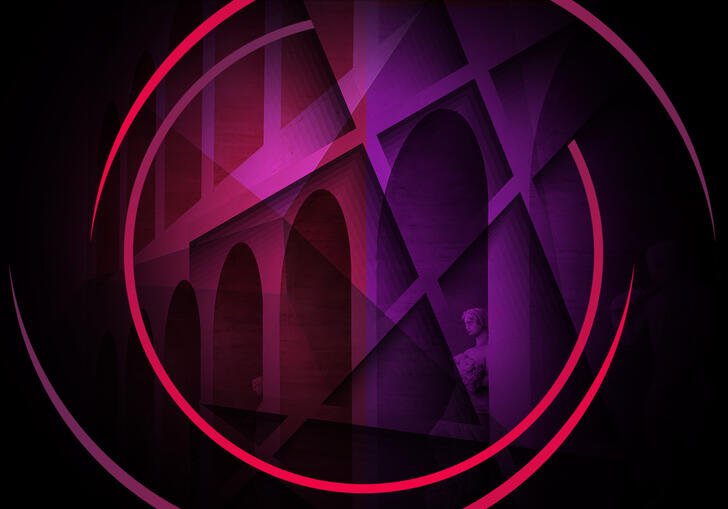 An image of the Roman colosseum, with pink and purple colours overlaid and circular swirls framing the image