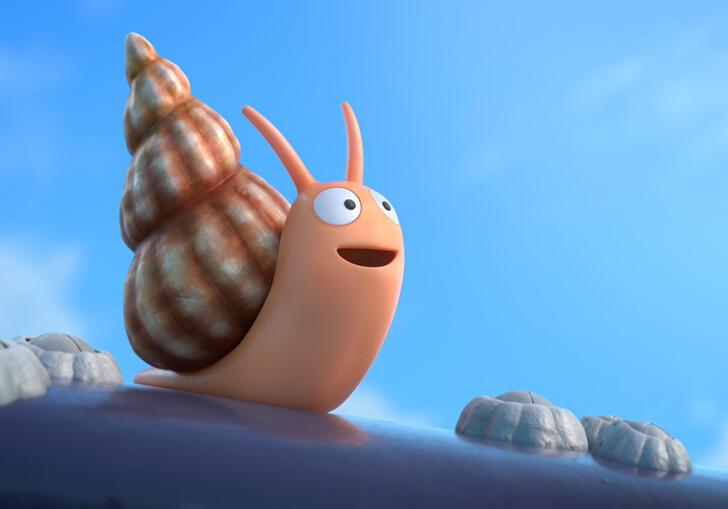 A very happy looking snail sits atop a whale.