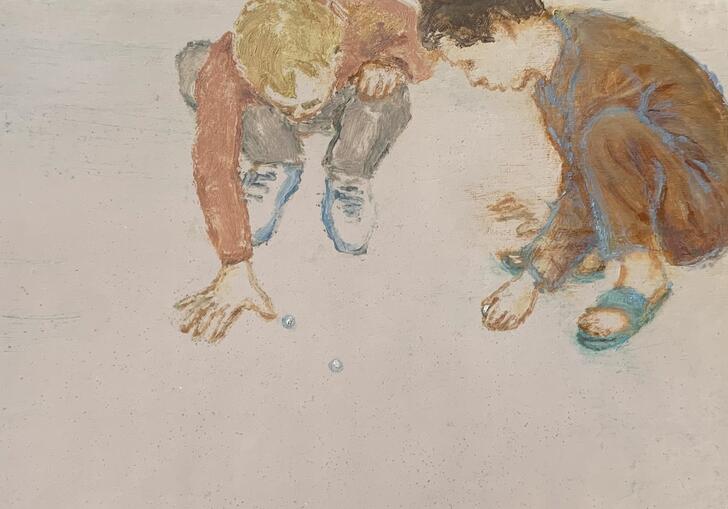 A painting of two children playing