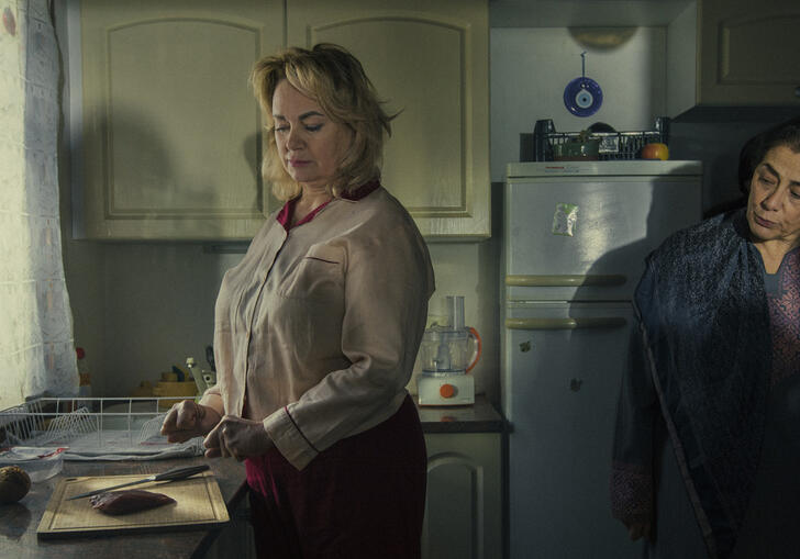 Two women stand in a kitchen, one faces the window with lowered eyes, the other stands in front of the fridge watching the other.