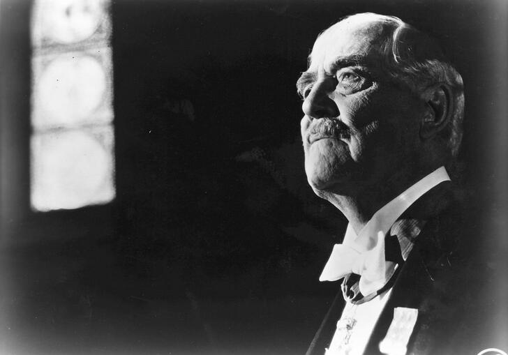 A smartly dressed man in a suit and bowtie looks wistfully towards the ceiling. 
