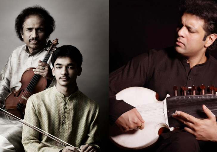 A composite image with Ambi and Dr L Subramaniam on the left, and Amaan Ali Bangash playing his sarod on the right