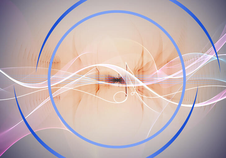 Wavy pink and white lines across spanning the length of the image, suggestive of sound waves. In the centre of the image is the outline of a quaver. Around it are blue circular swirls.