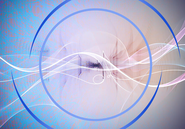 Wavy white lines across spanning the length of the image, suggestive of sound waves. In the centre of the image is the outline of a quaver. Around it are blue circular swirls.