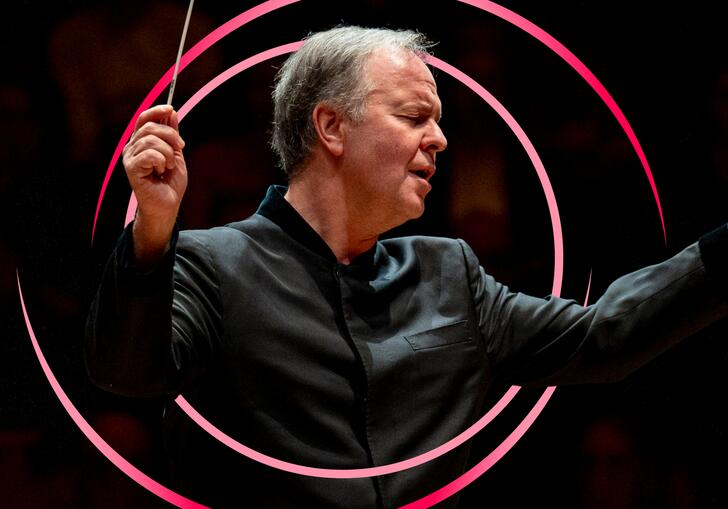 Sakari Oramo conducting, with pink orange swirls around him