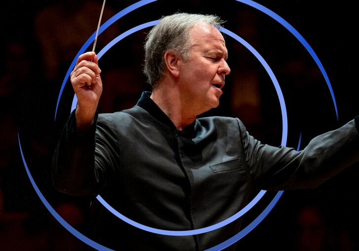 Sakari Oramo conducting, with blue circular swirls framing him