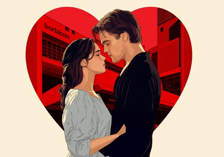 A couple standing in front of each other in a close embrace. Behind them is the Barbican within a red love heart graphic.