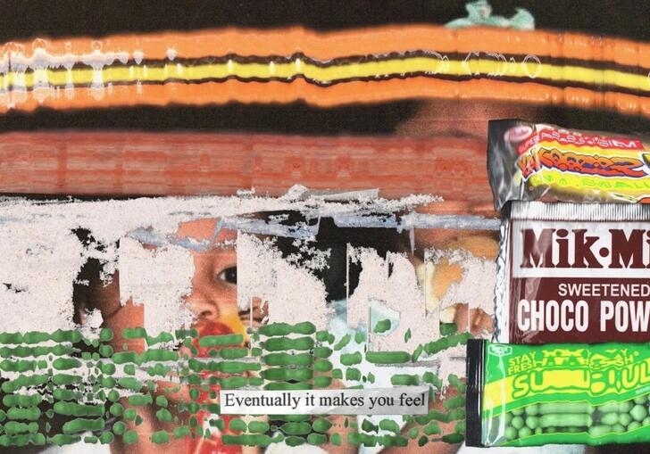 A collage of a coco powder label and a distorted image of a child.