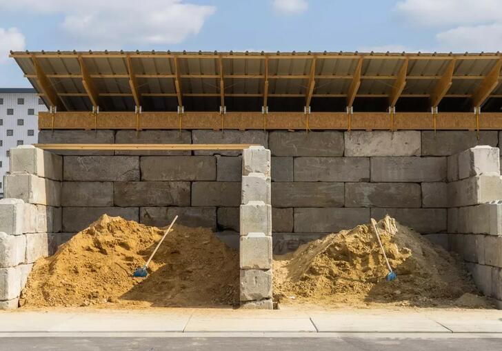 A building in construction, with cement blocks forming the frame and a partial timber frame roof. There are large piles of sand on the floor.