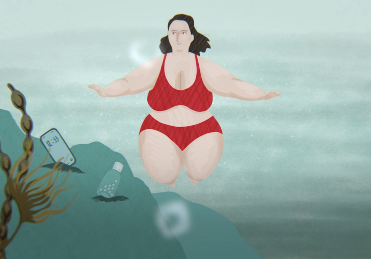 An animation of a woman swimming in a river, in a red bikini. 