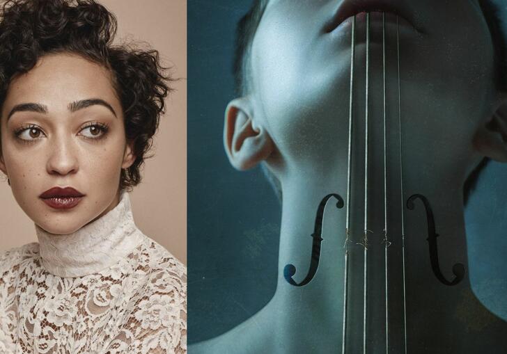 A headshot of Ruth Negga sits beside an artwork where strings from a musical instrument are laid over the neck of a person. 