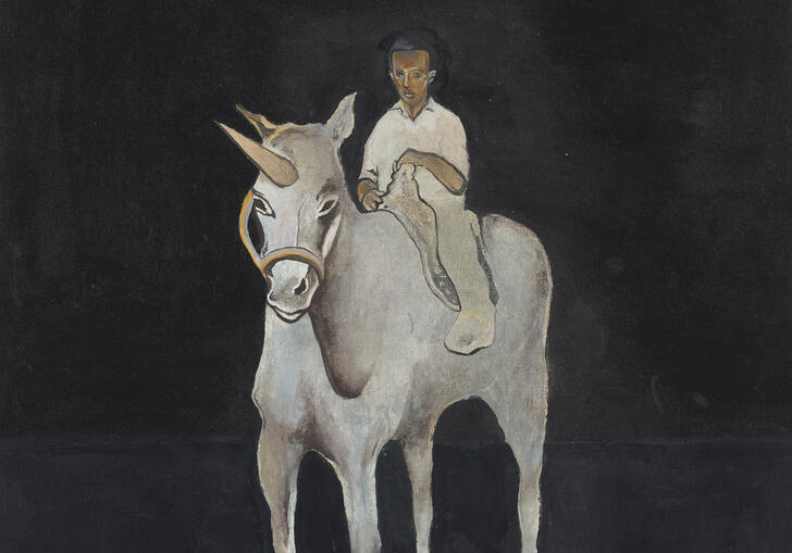 A painting of a man riding a white unicorn. The background is entirely black.