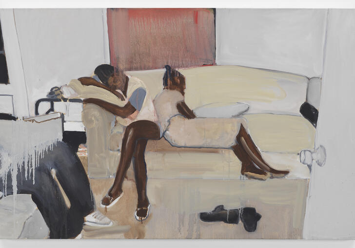 A painting of two teenage girls asleep on a sofa. One has her head leant against the arm of the sofa, the other is laying beside her. On the left, the legs of another figure can be seen sitting in an adjacent seat. There are a pair of black shoes on the floor. 
