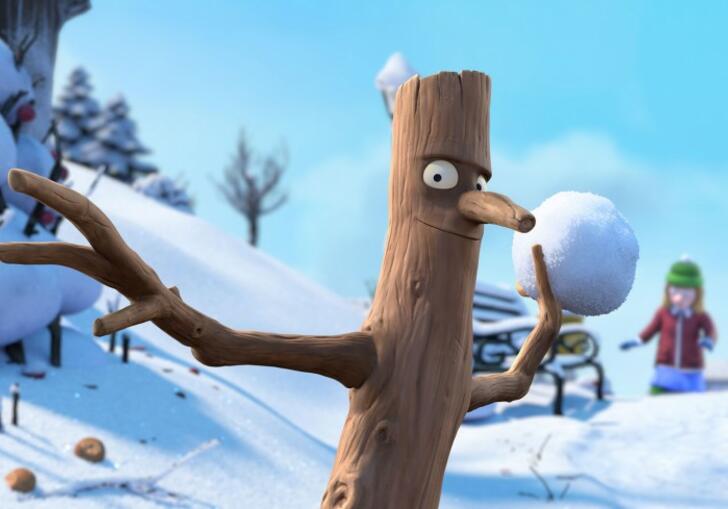 A stickman dances through a snowy forest.
