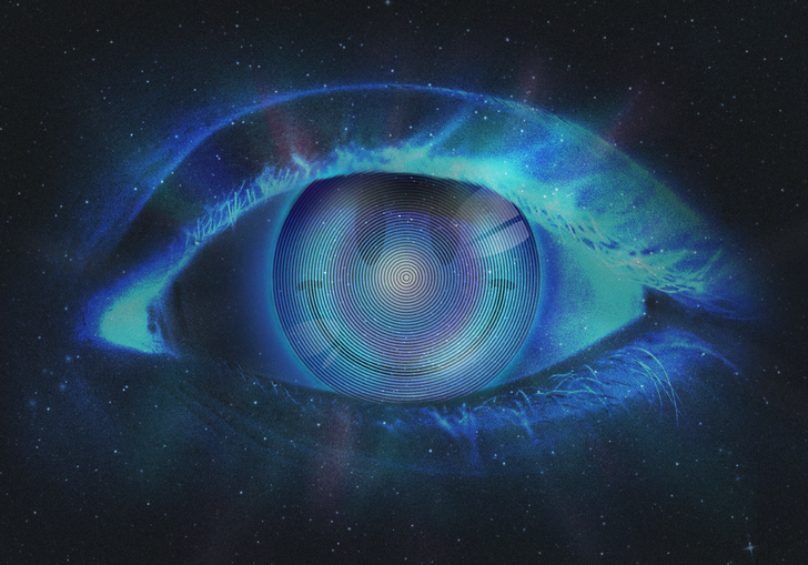 Against a dark, starry background, a giant eye radiates blue light. Inside the iris is a smiley face.