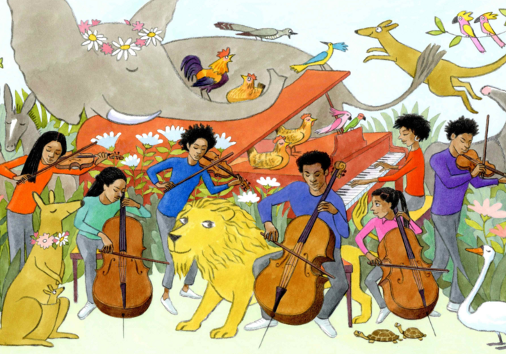 An illustration of 7 musicians surrounded by animals