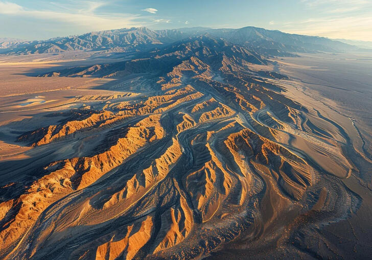 An aerial shot of an arid mountain range