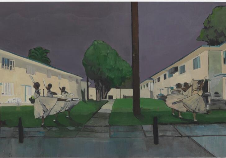 Noah Davis's painting titled Pueblo del Rio: Arabesque, depicting six ballerinas dancing on the lawn outside a housing project.