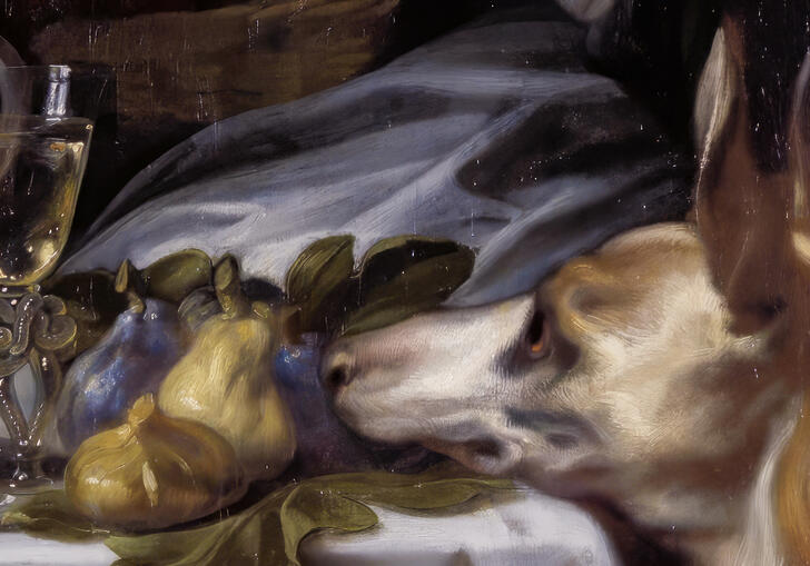 A still life of pears and a dog onlooking