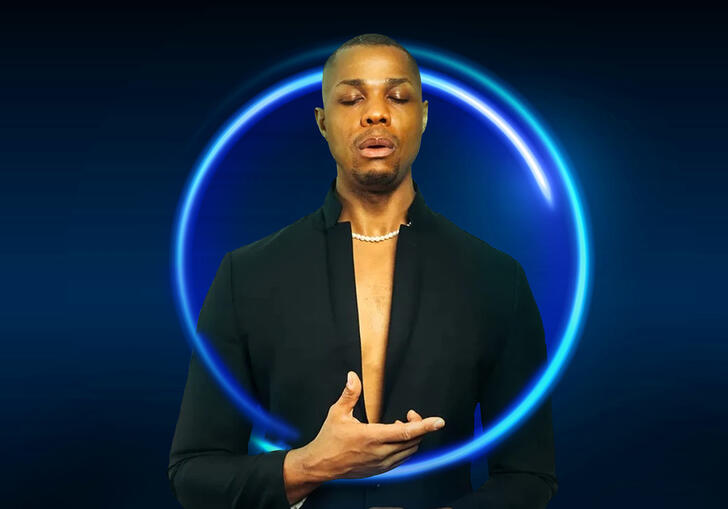 An image of Davóne Tines surrounded by a blue circle against a blue background