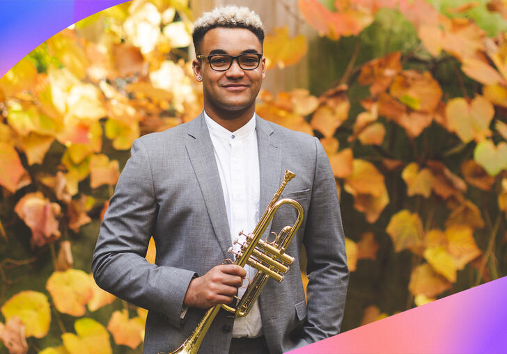 Image of Aaron Akugbo against a floral backdrop and purple lines across two corners