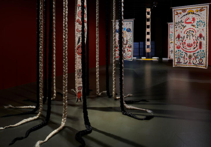 Citra Sasmita's Curve exhibition with hanging tapestries