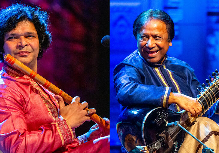 Collage of Rakesh Chaurasia and Shahid Parvez on stage