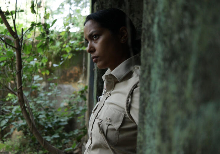 Santosh stares out of a train into a forest