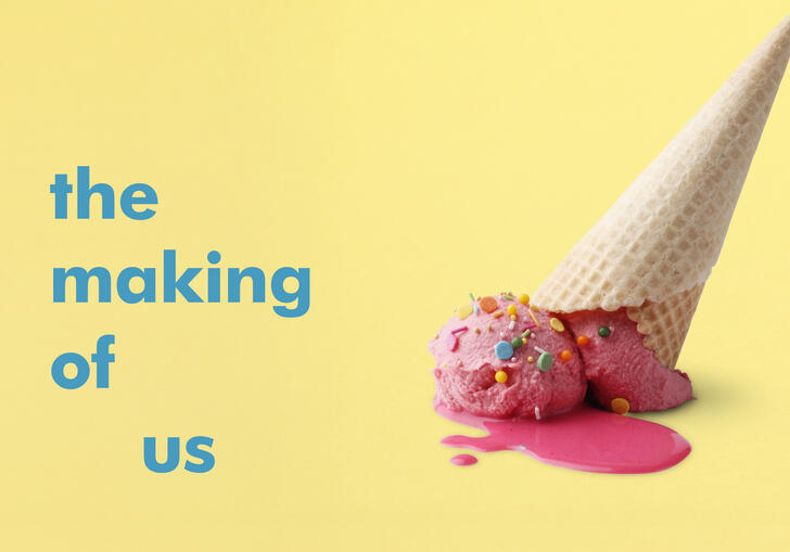 The Making of Us artwork - pink ice cream cone dropped upside down on a yellow background