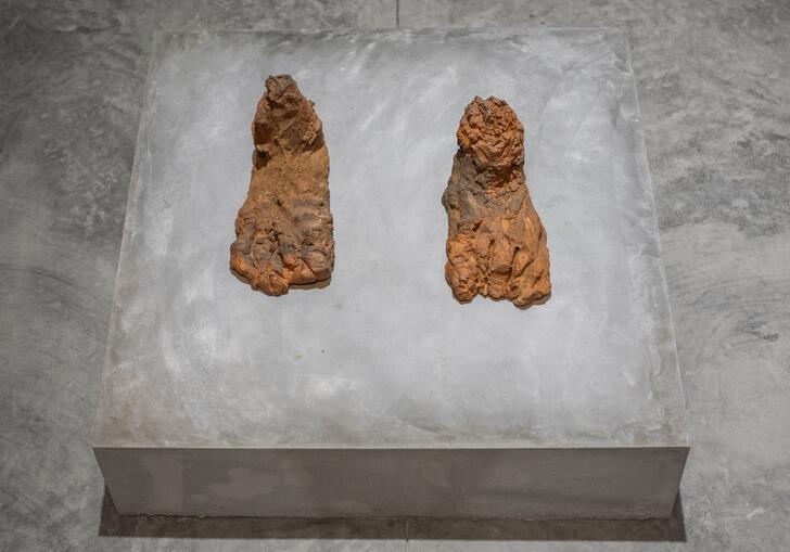 Two terracotta sculptures that resemble human feet, sitting on a concrete plinth.