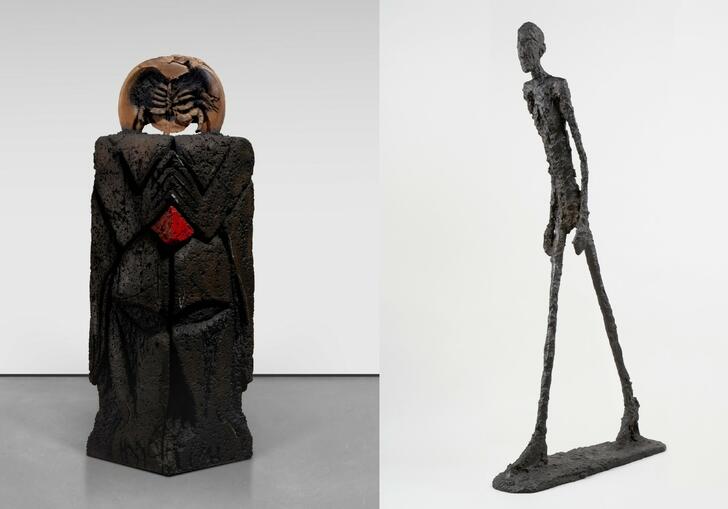 a composite image of a Huma Bhabha and a Giacometti sculpture