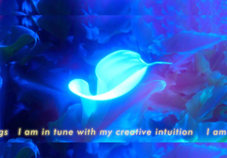 A picture of a sea creature that glows brightly. The words 'I am in tune with my creative intuition' is written across the top. 
