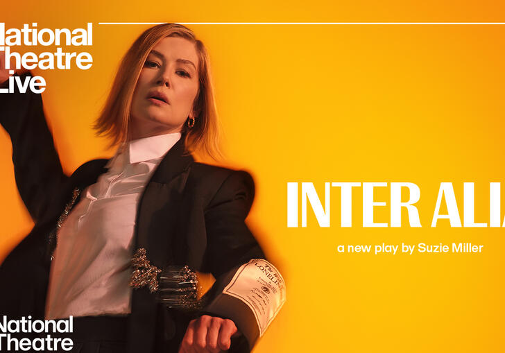 A woman leans back into an orange background in a cover image for Inter Alia by the National Theatre.