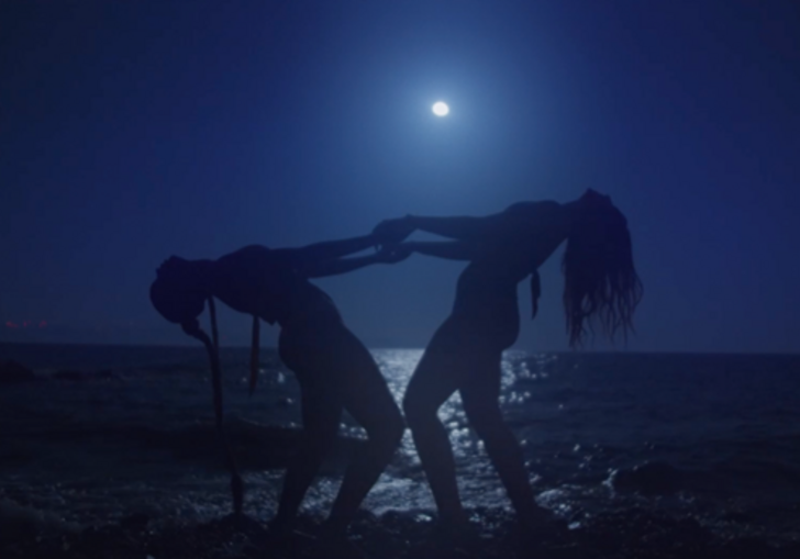 Image of the silhouettes of two people holding each others hands and leaning back in front of the beach in the moonlight. 
