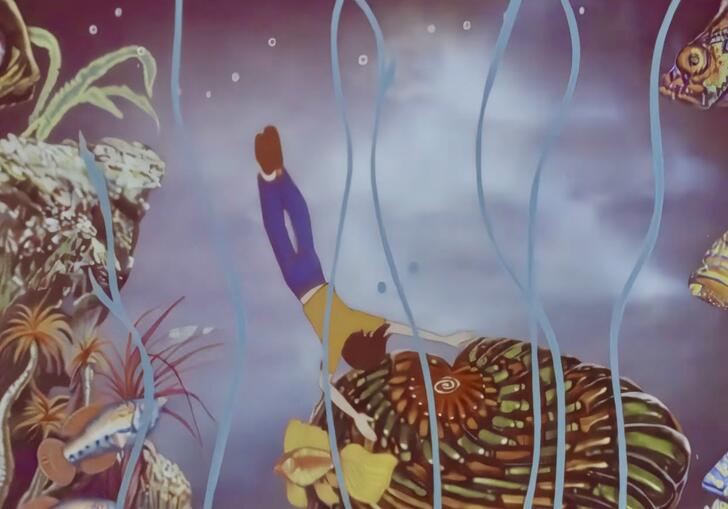 Animated drawing of a person wearing a yellow top and purple trousers floating underwater holding a shell