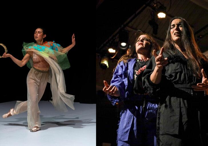 Two images side by side: a dancer performs in siren song and two dancers perform in Random Taranto