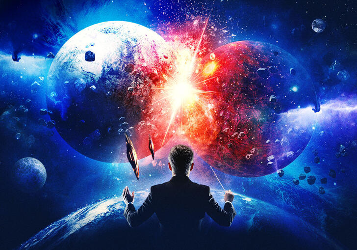 Image of a conductor with their back faced to the camera in the middle of space where two planets are colliding creating a flash of red electricity