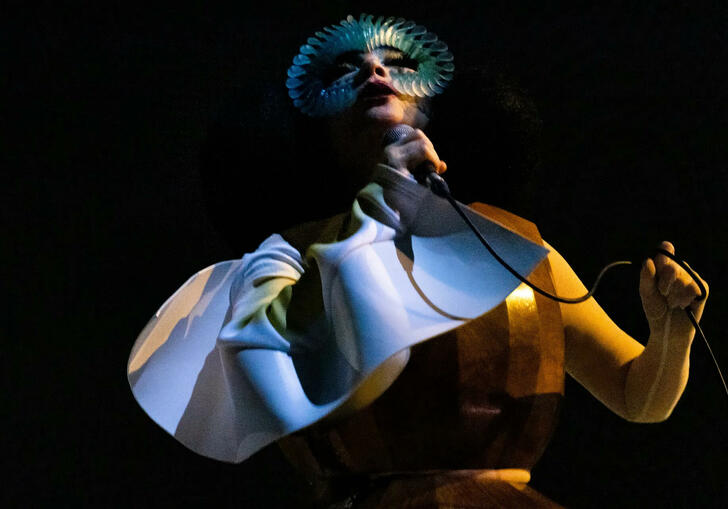 Bjork stands on stage singing in a mask